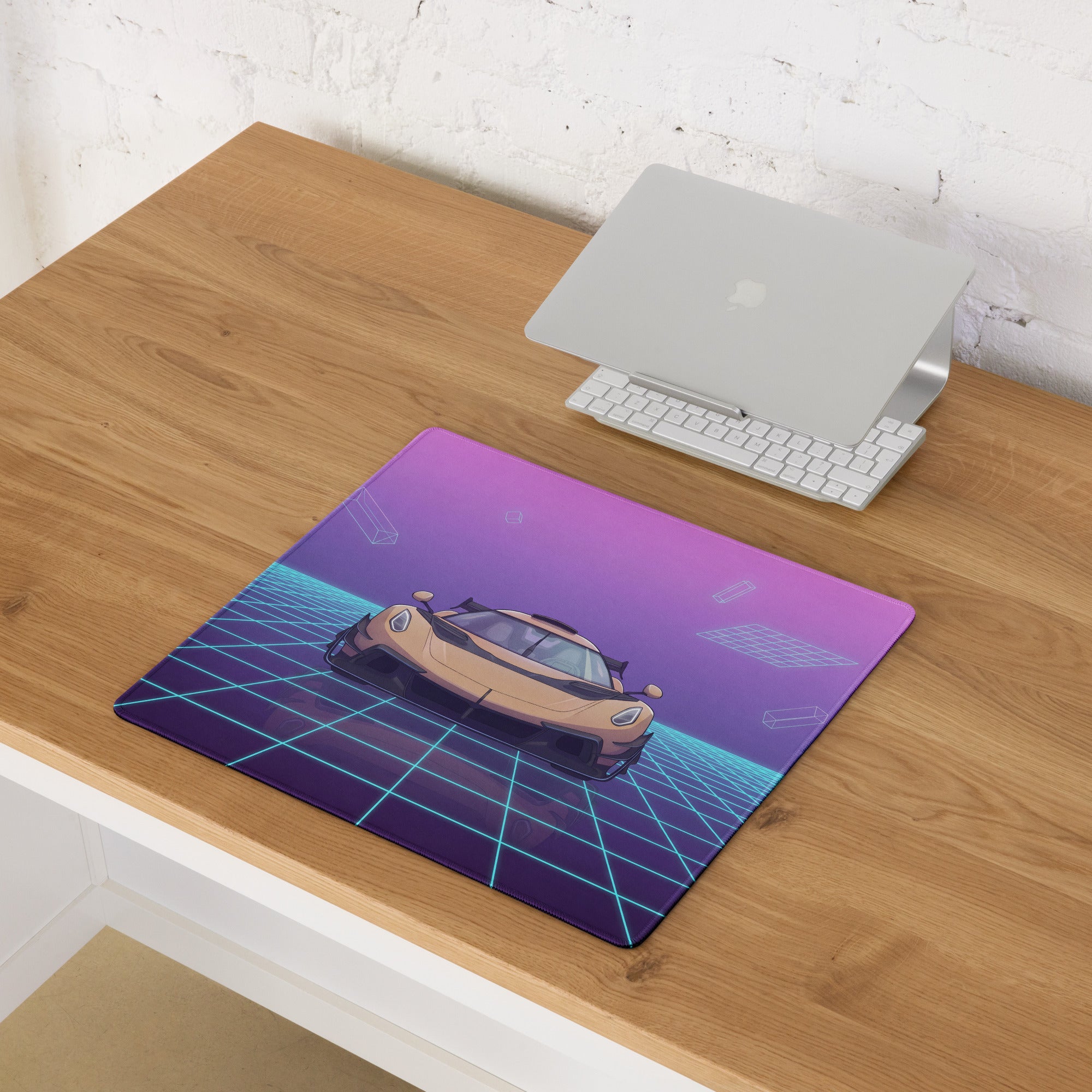 Koenigsegg Jesko Inspired Gold Cyan Vaporwave Gaming Mouse Pad – Neon Grid Desk Mat, Retro Futuristic Hypercar Digital Artwork