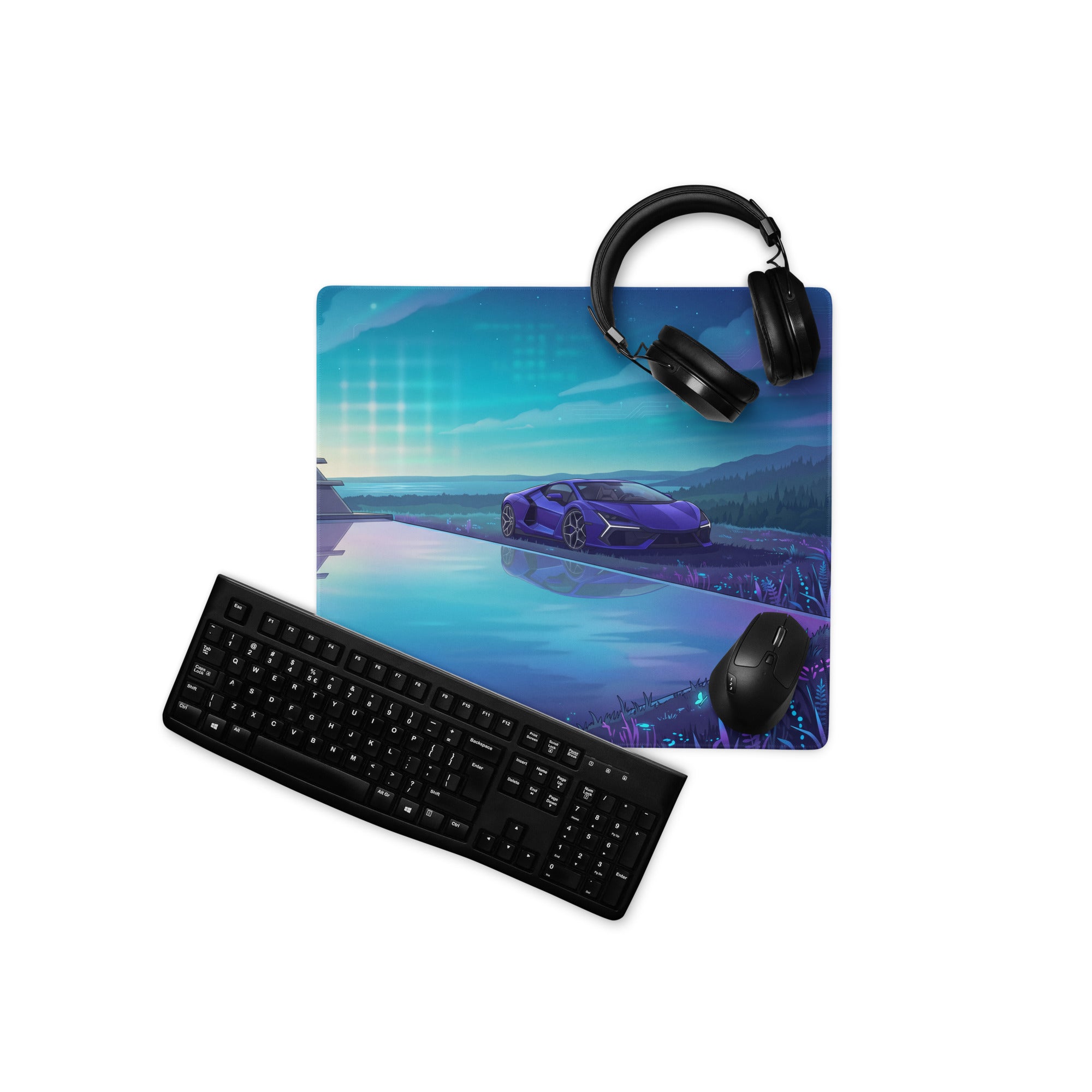 Lamborghini Revuelto Inspired Purple Blue Vaporwave Gaming Mouse Pad – Futuristic Lakeside Villa Desk Mat, Neon Night Supercar Digital Artwork