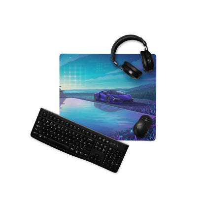 Lamborghini Revuelto Inspired Purple Blue Vaporwave Gaming Mouse Pad – Futuristic Lakeside Villa Desk Mat, Neon Night Supercar Digital Artwork