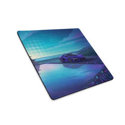 Lamborghini Revuelto Inspired Purple Blue Vaporwave Gaming Mouse Pad – Futuristic Lakeside Villa Desk Mat, Neon Night Supercar Digital Artwork