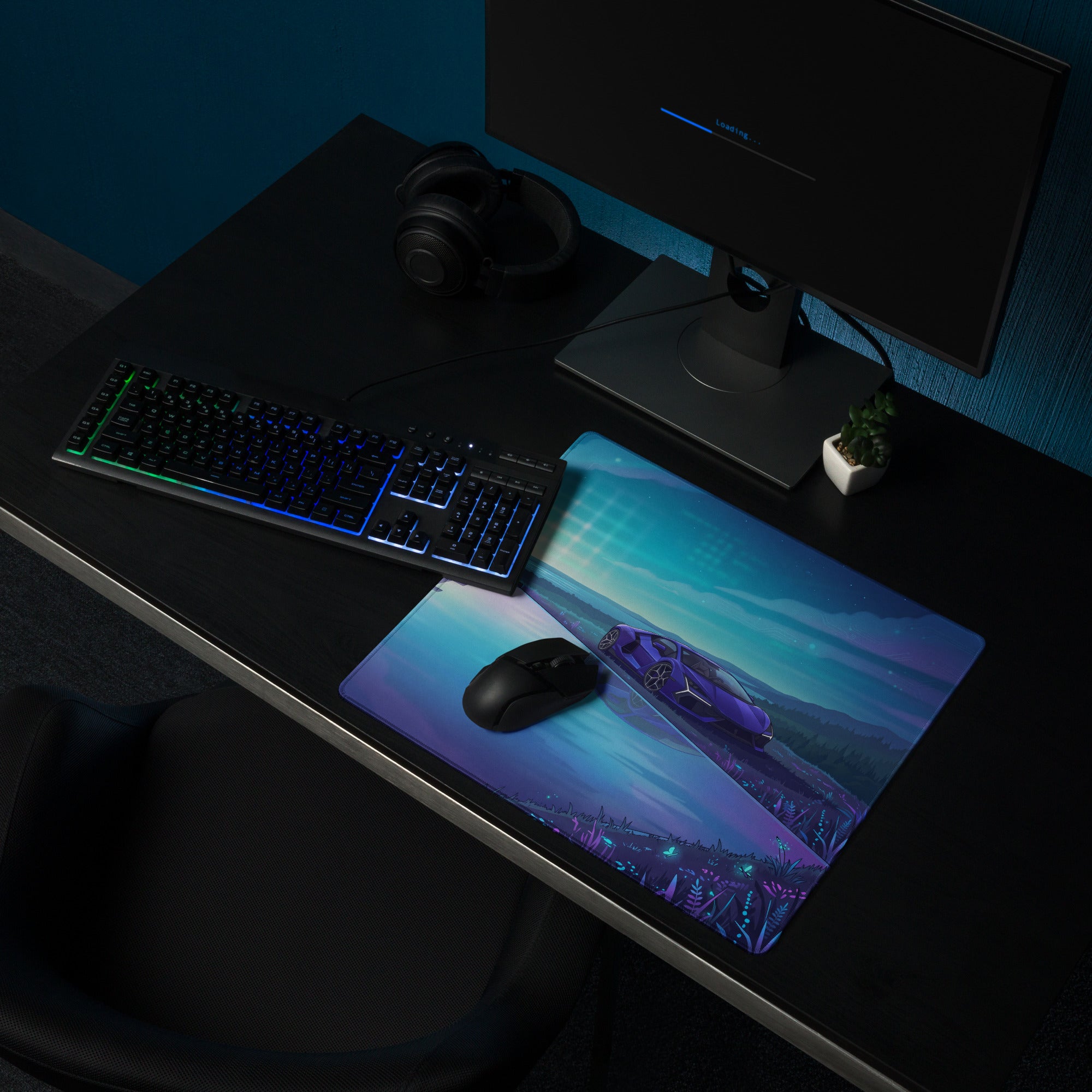 Lamborghini Revuelto Inspired Purple Blue Vaporwave Gaming Mouse Pad – Futuristic Lakeside Villa Desk Mat, Neon Night Supercar Digital Artwork