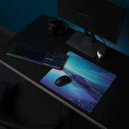Lamborghini Revuelto Inspired Purple Blue Vaporwave Gaming Mouse Pad – Futuristic Lakeside Villa Desk Mat, Neon Night Supercar Digital Artwork