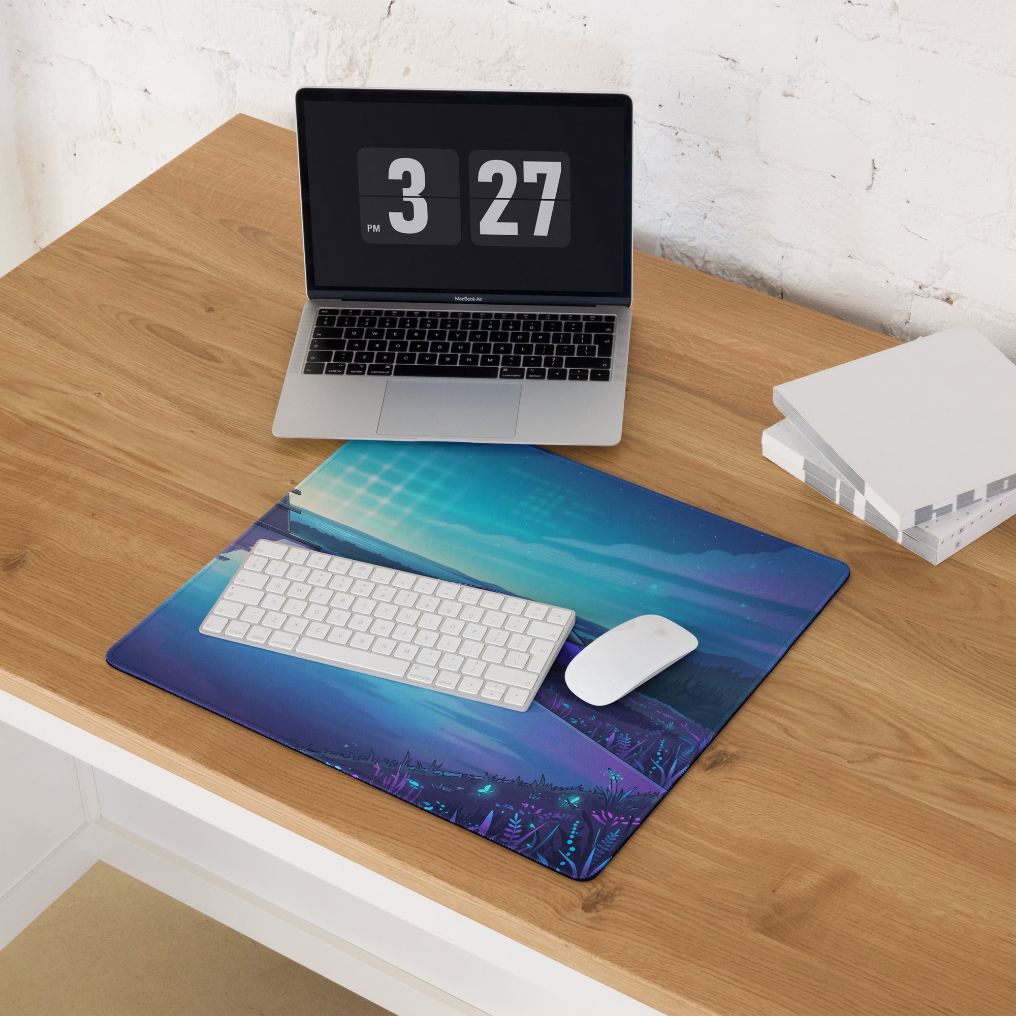 Lamborghini Revuelto Inspired Purple Blue Vaporwave Gaming Mouse Pad – Futuristic Lakeside Villa Desk Mat, Neon Night Supercar Digital Artwork