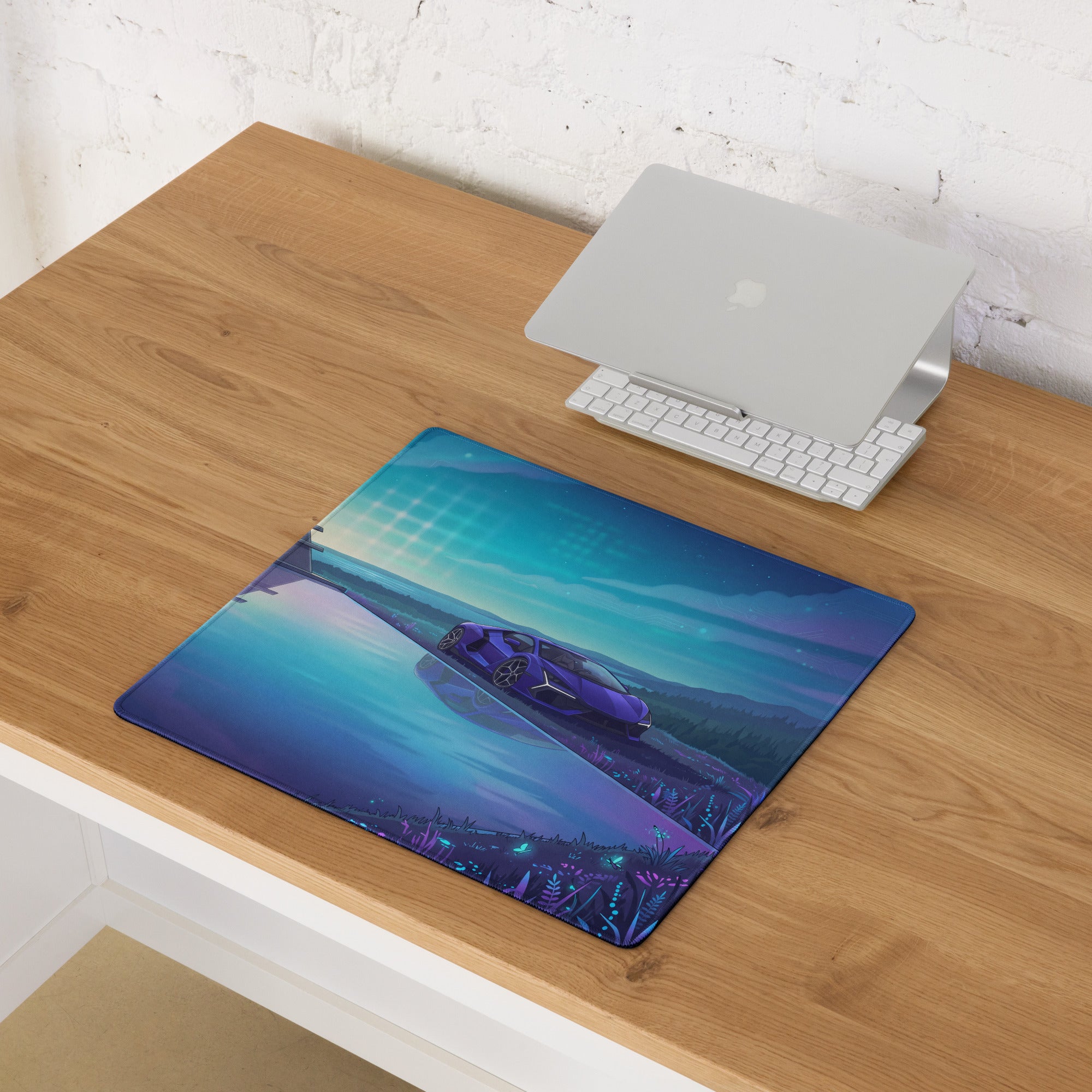Lamborghini Revuelto Inspired Purple Blue Vaporwave Gaming Mouse Pad – Futuristic Lakeside Villa Desk Mat, Neon Night Supercar Digital Artwork