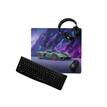 Hennessey Venom F5 Inspired Mint Green Purple Vaporwave Gaming Mouse Pad – Neon Cosmic Mountain Desk Mat, Futuristic Hypercar Digital Artwork