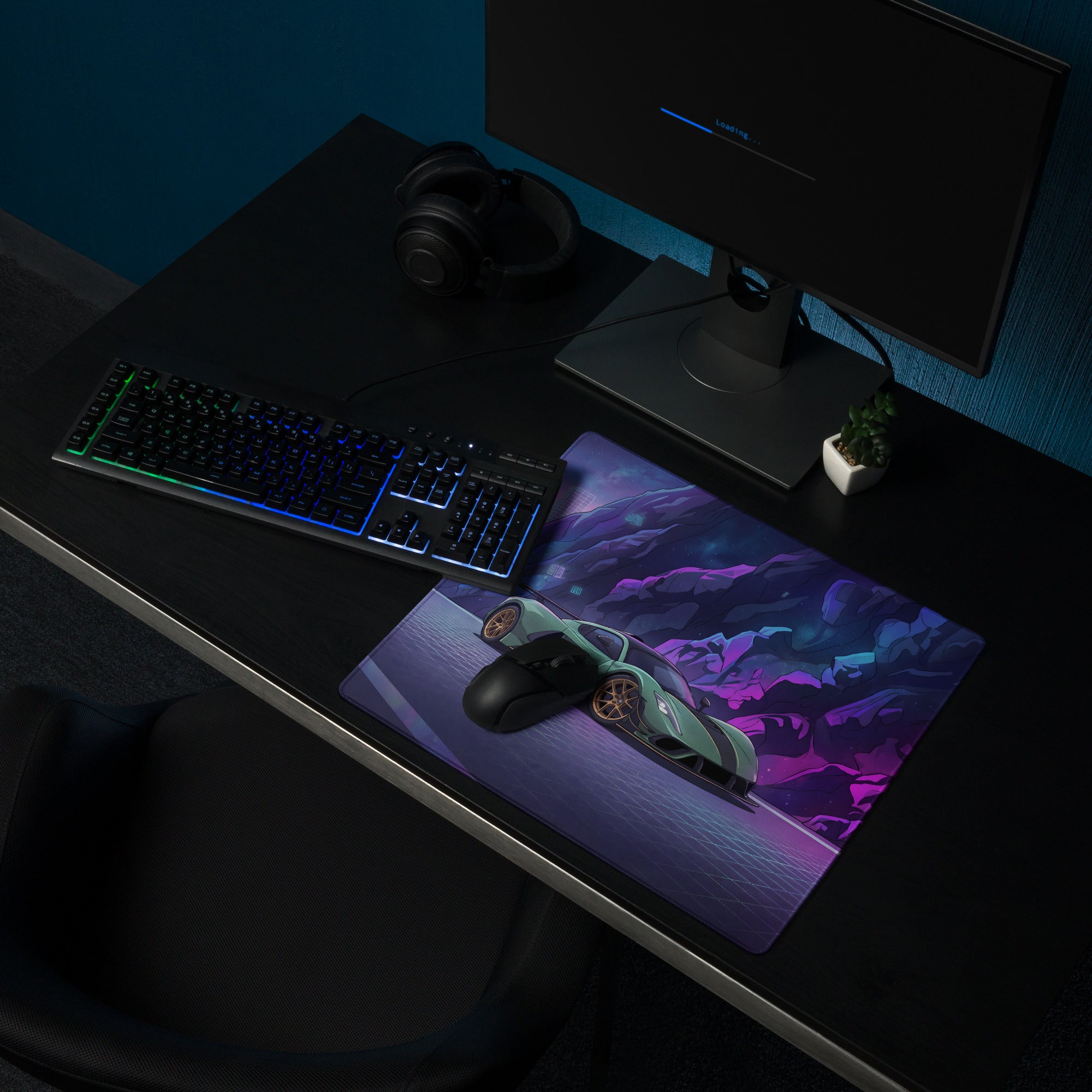 Hennessey Venom F5 Inspired Mint Green Purple Vaporwave Gaming Mouse Pad – Neon Cosmic Mountain Desk Mat, Futuristic Hypercar Digital Artwork