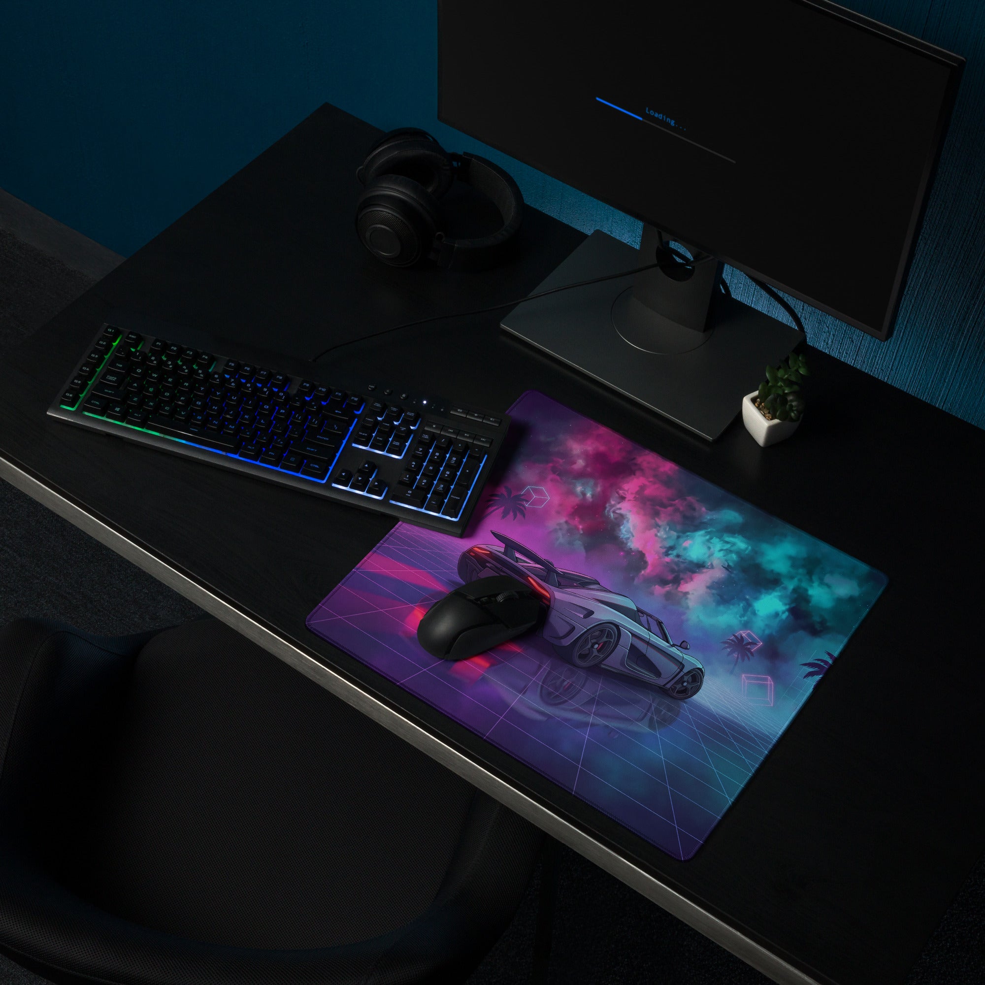 Koenigsegg Regera Inspired Silver Pink Cyan Vaporwave Gaming Mouse Pad – Neon Cosmic Grid Desk Mat, Retro Futuristic Hypercar Digital Artwork