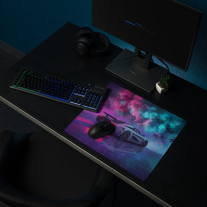 Koenigsegg Regera Inspired Silver Pink Cyan Vaporwave Gaming Mouse Pad – Neon Cosmic Grid Desk Mat, Retro Futuristic Hypercar Digital Artwork