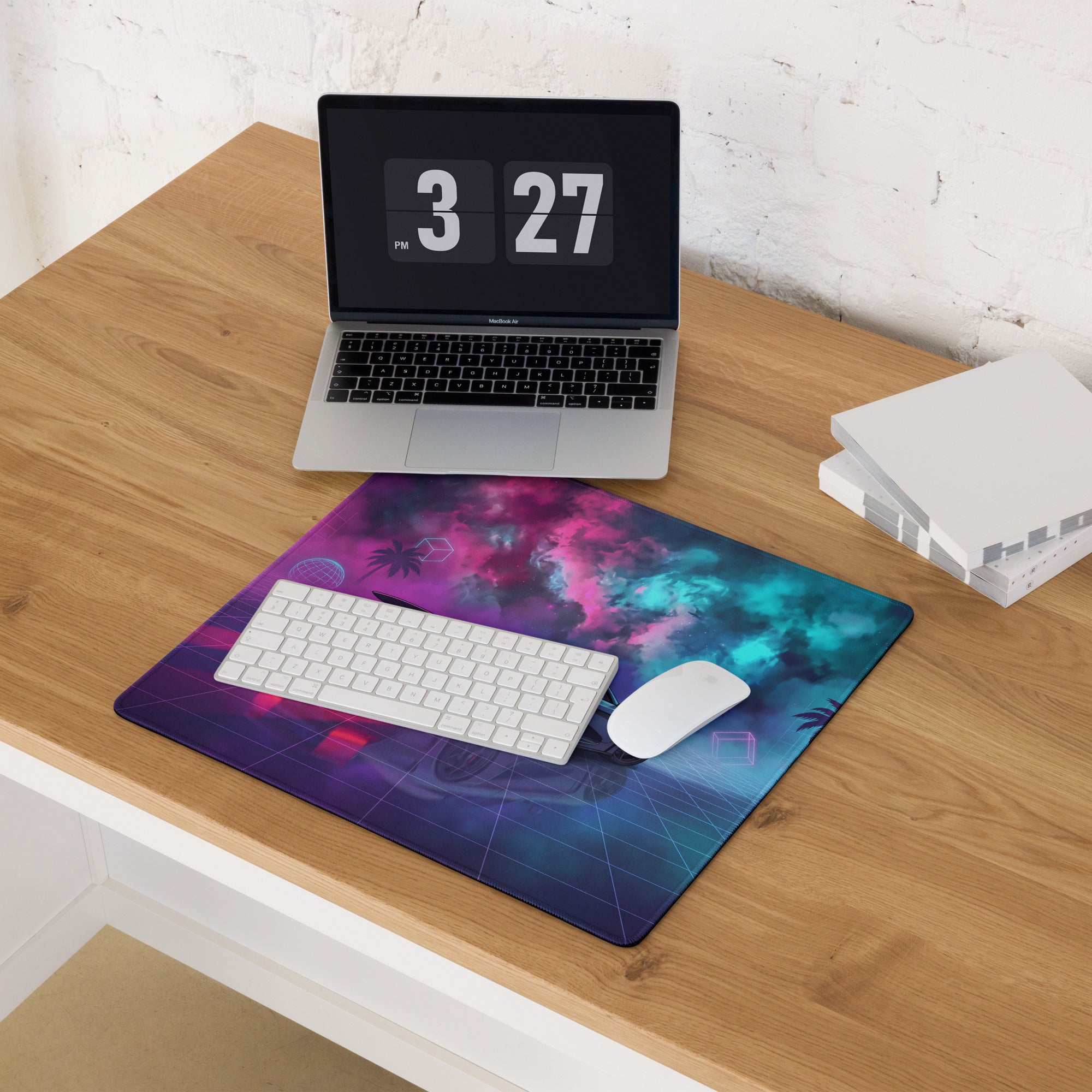 Koenigsegg Regera Inspired Silver Pink Cyan Vaporwave Gaming Mouse Pad – Neon Cosmic Grid Desk Mat, Retro Futuristic Hypercar Digital Artwork