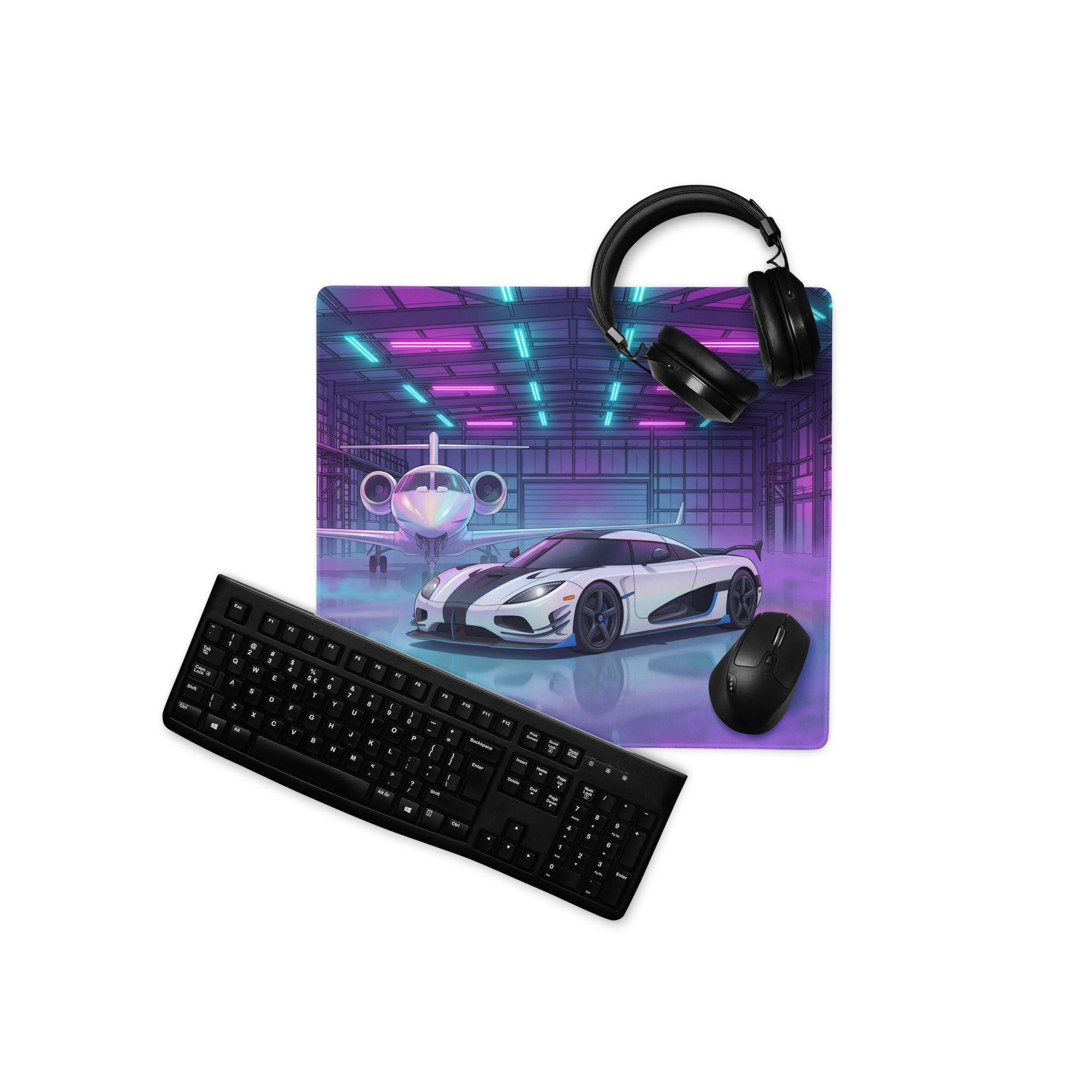 Koenigsegg Agera RS Inspired White Cyan Vaporwave Gaming Mouse Pad – Neon Private Jet Hangar Desk Mat, Futuristic Hypercar Digital Artwork