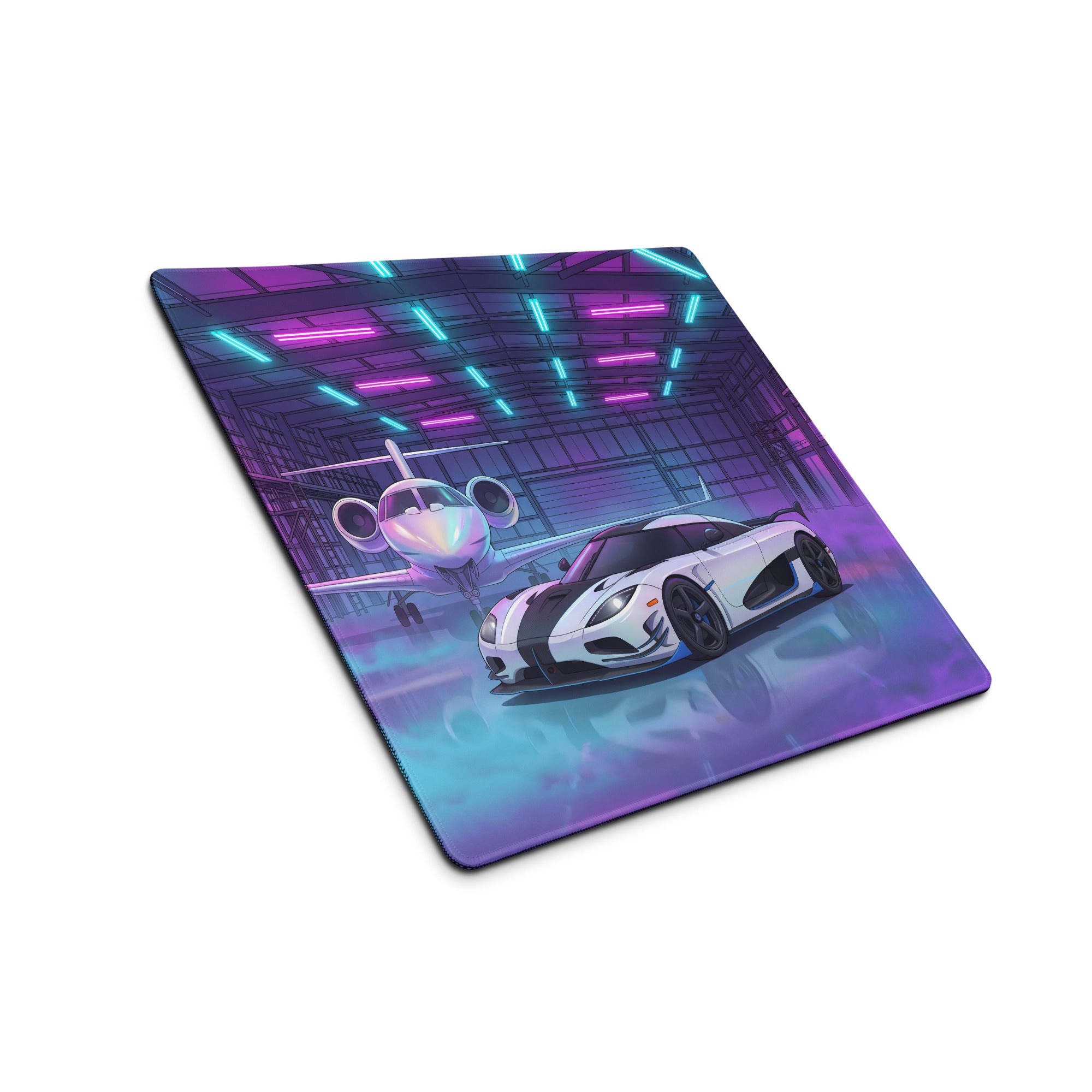 Koenigsegg Agera RS Inspired White Cyan Vaporwave Gaming Mouse Pad – Neon Private Jet Hangar Desk Mat, Futuristic Hypercar Digital Artwork