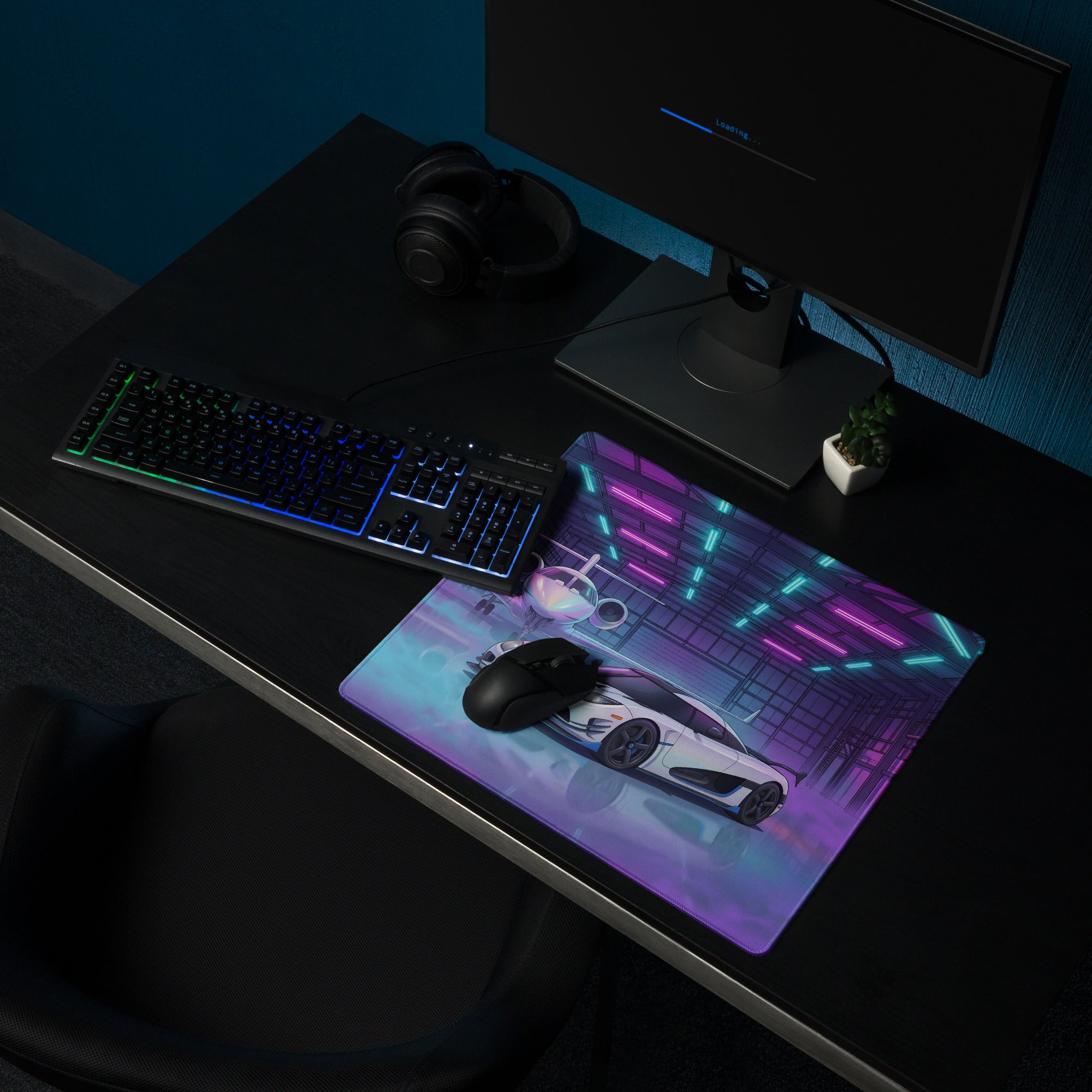 Koenigsegg Agera RS Inspired White Cyan Vaporwave Gaming Mouse Pad – Neon Private Jet Hangar Desk Mat, Futuristic Hypercar Digital Artwork