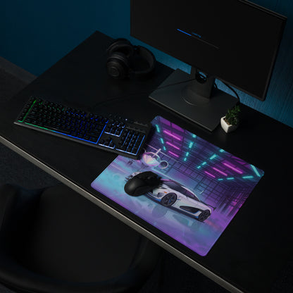 Koenigsegg Agera RS Inspired White Cyan Vaporwave Gaming Mouse Pad – Neon Private Jet Hangar Desk Mat, Futuristic Hypercar Digital Artwork