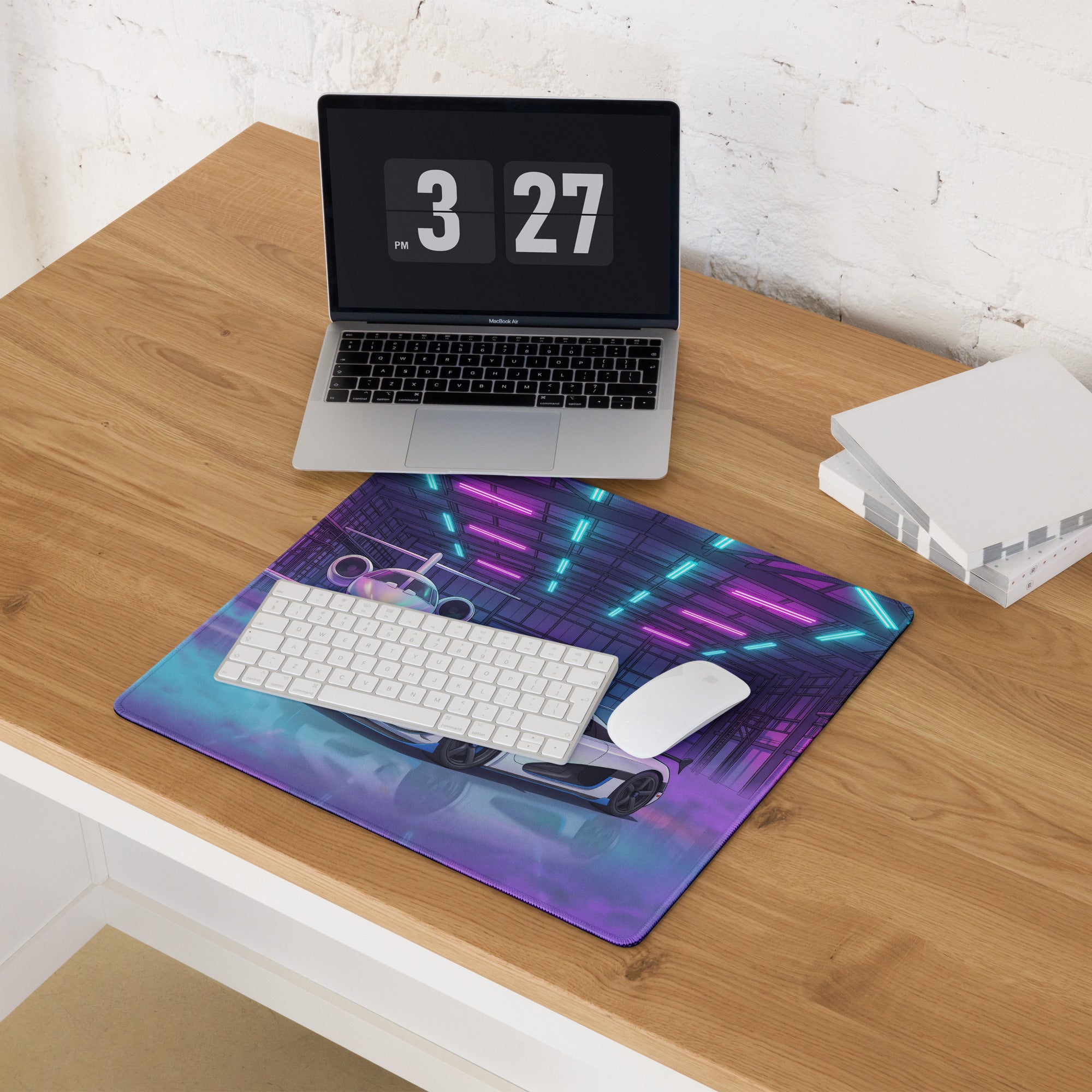 Koenigsegg Agera RS Inspired White Cyan Vaporwave Gaming Mouse Pad – Neon Private Jet Hangar Desk Mat, Futuristic Hypercar Digital Artwork