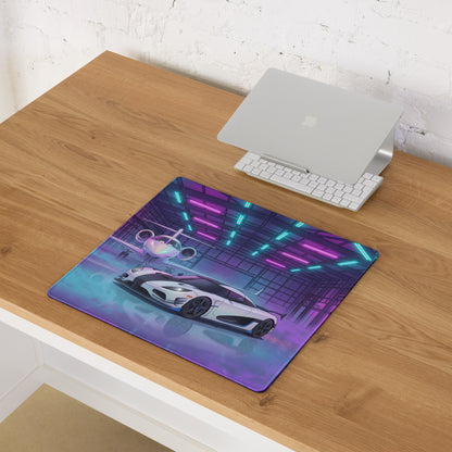 Koenigsegg Agera RS Inspired White Cyan Vaporwave Gaming Mouse Pad – Neon Private Jet Hangar Desk Mat, Futuristic Hypercar Digital Artwork