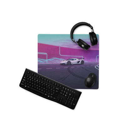 Koenigsegg Jesko Attack Inspired White Purple Vaporwave Gaming Mouse Pad – Neon Futuristic Highway Desk Mat, Retro Hypercar Digital Artwork