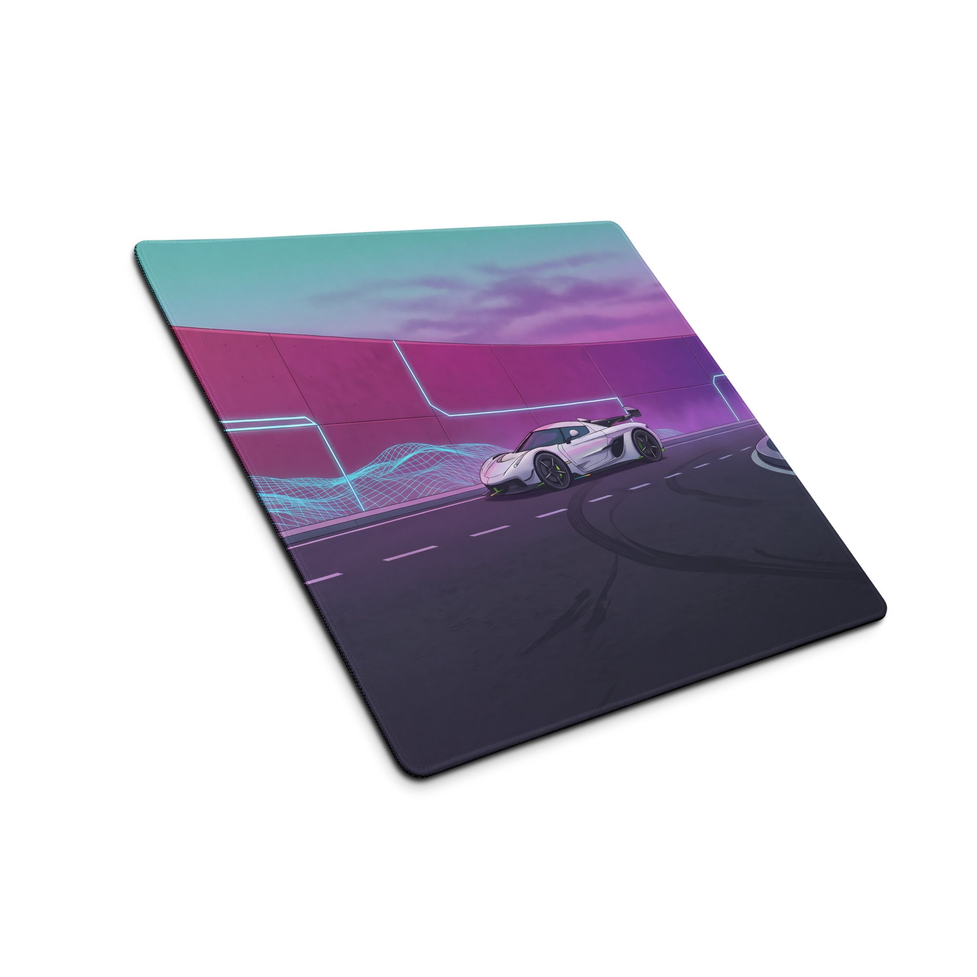 Koenigsegg Jesko Attack Inspired White Purple Vaporwave Gaming Mouse Pad – Neon Futuristic Highway Desk Mat, Retro Hypercar Digital Artwork