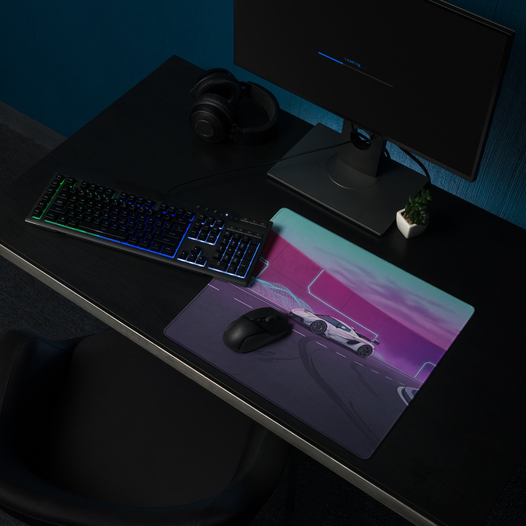 Koenigsegg Jesko Attack Inspired White Purple Vaporwave Gaming Mouse Pad – Neon Futuristic Highway Desk Mat, Retro Hypercar Digital Artwork