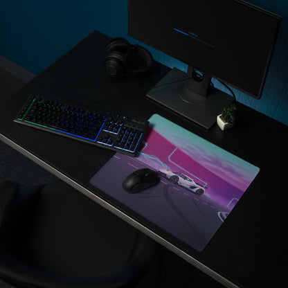 Koenigsegg Jesko Attack Inspired White Purple Vaporwave Gaming Mouse Pad – Neon Futuristic Highway Desk Mat, Retro Hypercar Digital Artwork