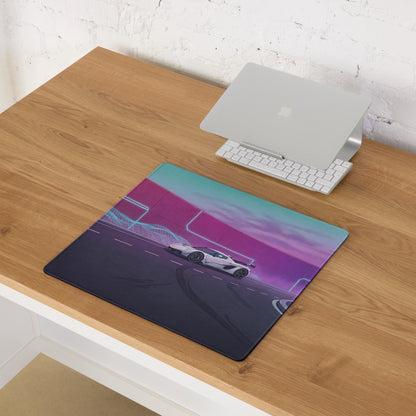 Koenigsegg Jesko Attack Inspired White Purple Vaporwave Gaming Mouse Pad – Neon Futuristic Highway Desk Mat, Retro Hypercar Digital Artwork
