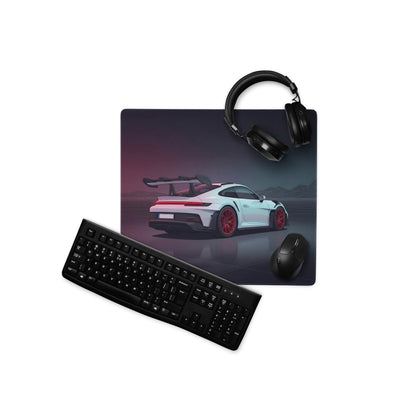 Porsche 911 GT3 RS Inspired White Red Vaporwave Gaming Mouse Pad – Dark Neon Mountain Grid Desk Mat, Futuristic Supercar Digital Artwork