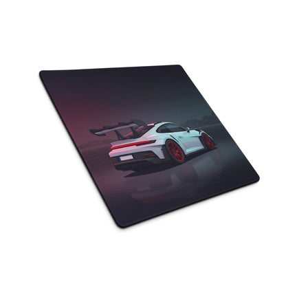 Porsche 911 GT3 RS Inspired White Red Vaporwave Gaming Mouse Pad – Dark Neon Mountain Grid Desk Mat, Futuristic Supercar Digital Artwork