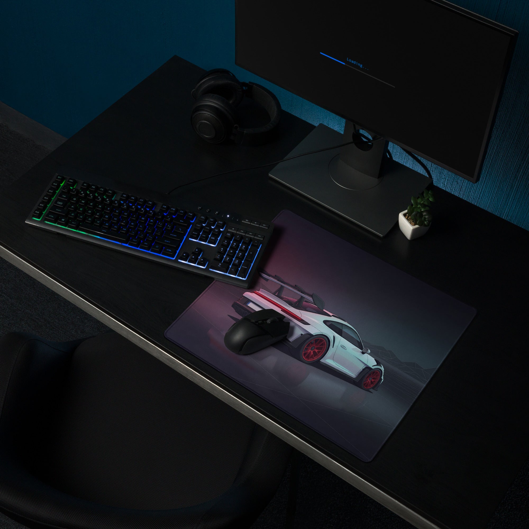 Porsche 911 GT3 RS Inspired White Red Vaporwave Gaming Mouse Pad – Dark Neon Mountain Grid Desk Mat, Futuristic Supercar Digital Artwork