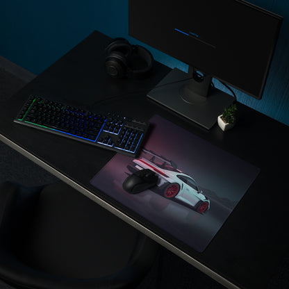 Porsche 911 GT3 RS Inspired White Red Vaporwave Gaming Mouse Pad – Dark Neon Mountain Grid Desk Mat, Futuristic Supercar Digital Artwork