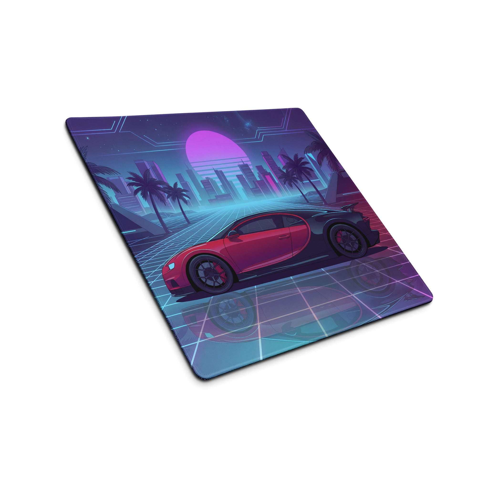 Bugatti Chiron Inspired Red Blue Vaporwave Gaming Mouse Pad – Neon Palm City Grid Desk Mat, Retro Futuristic Hypercar Digital Artwork