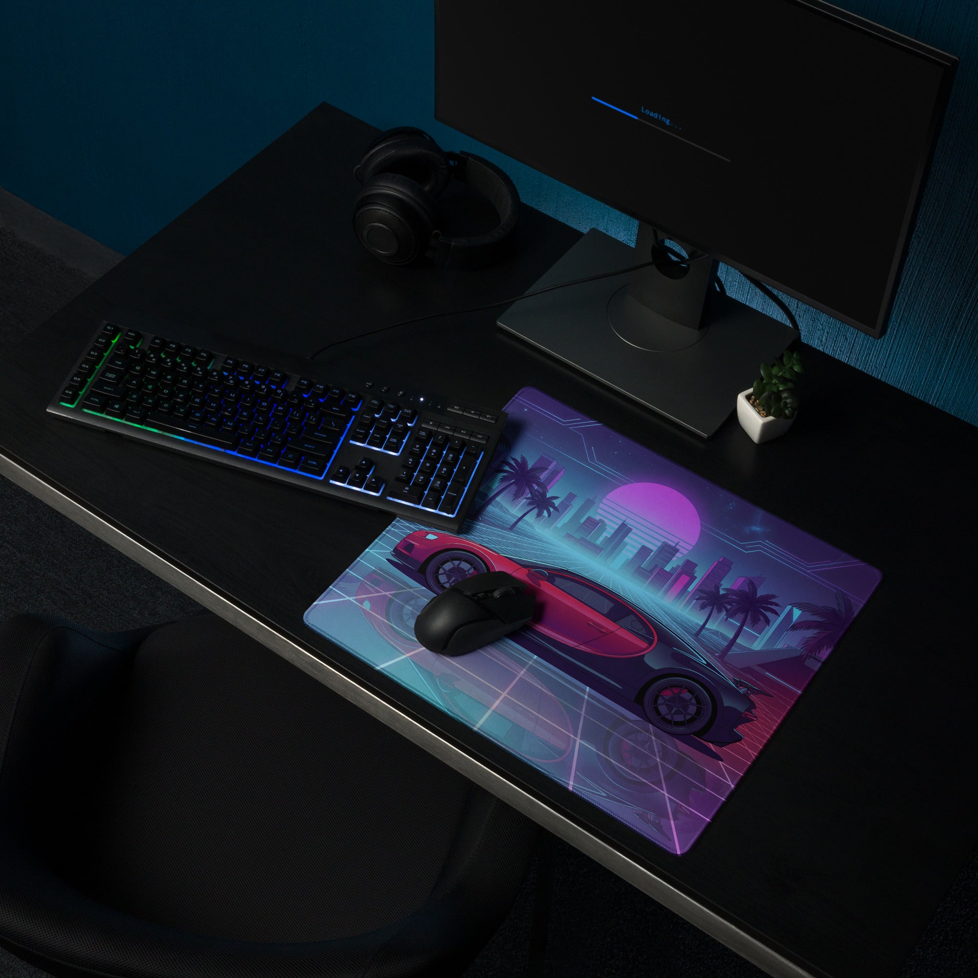 Bugatti Chiron Inspired Red Blue Vaporwave Gaming Mouse Pad – Neon Palm City Grid Desk Mat, Retro Futuristic Hypercar Digital Artwork