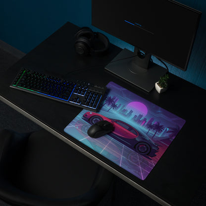 Bugatti Chiron Inspired Red Blue Vaporwave Gaming Mouse Pad – Neon Palm City Grid Desk Mat, Retro Futuristic Hypercar Digital Artwork