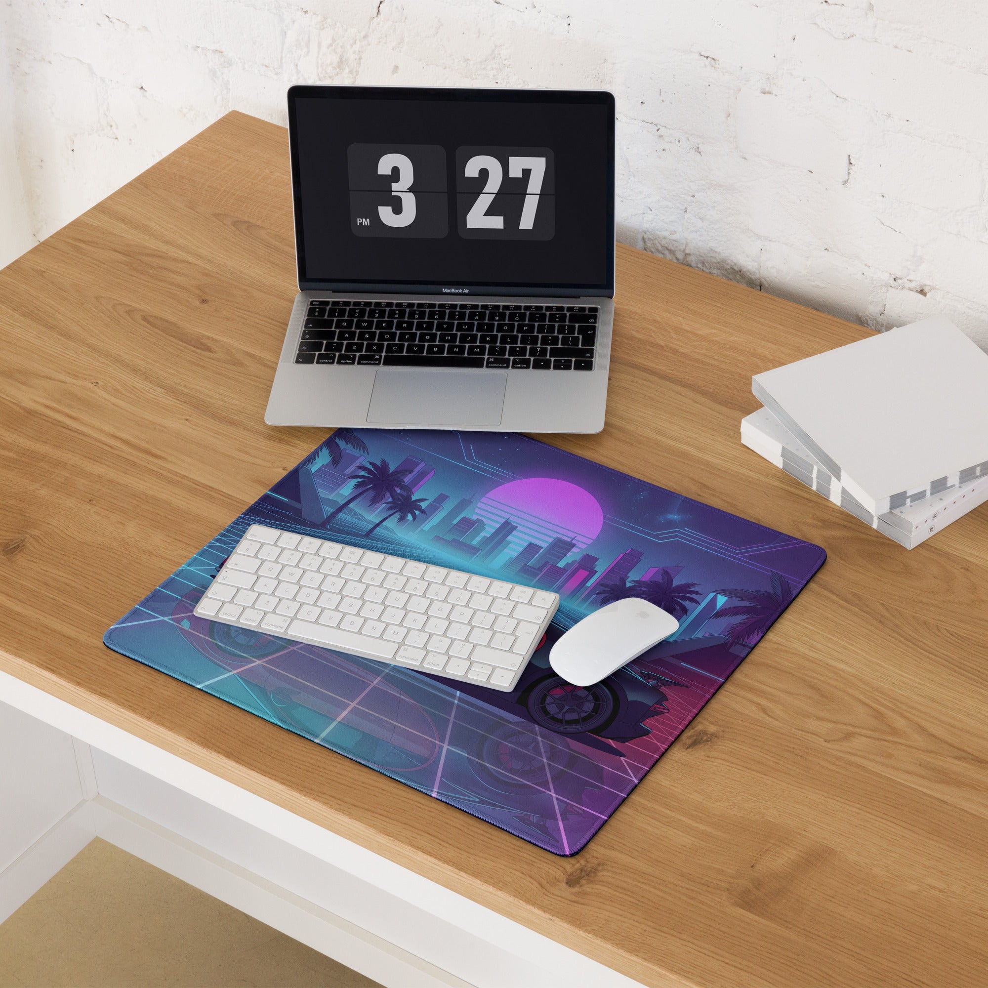 Bugatti Chiron Inspired Red Blue Vaporwave Gaming Mouse Pad – Neon Palm City Grid Desk Mat, Retro Futuristic Hypercar Digital Artwork