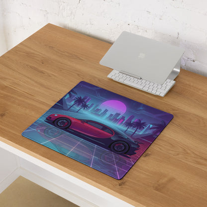Bugatti Chiron Inspired Red Blue Vaporwave Gaming Mouse Pad – Neon Palm City Grid Desk Mat, Retro Futuristic Hypercar Digital Artwork