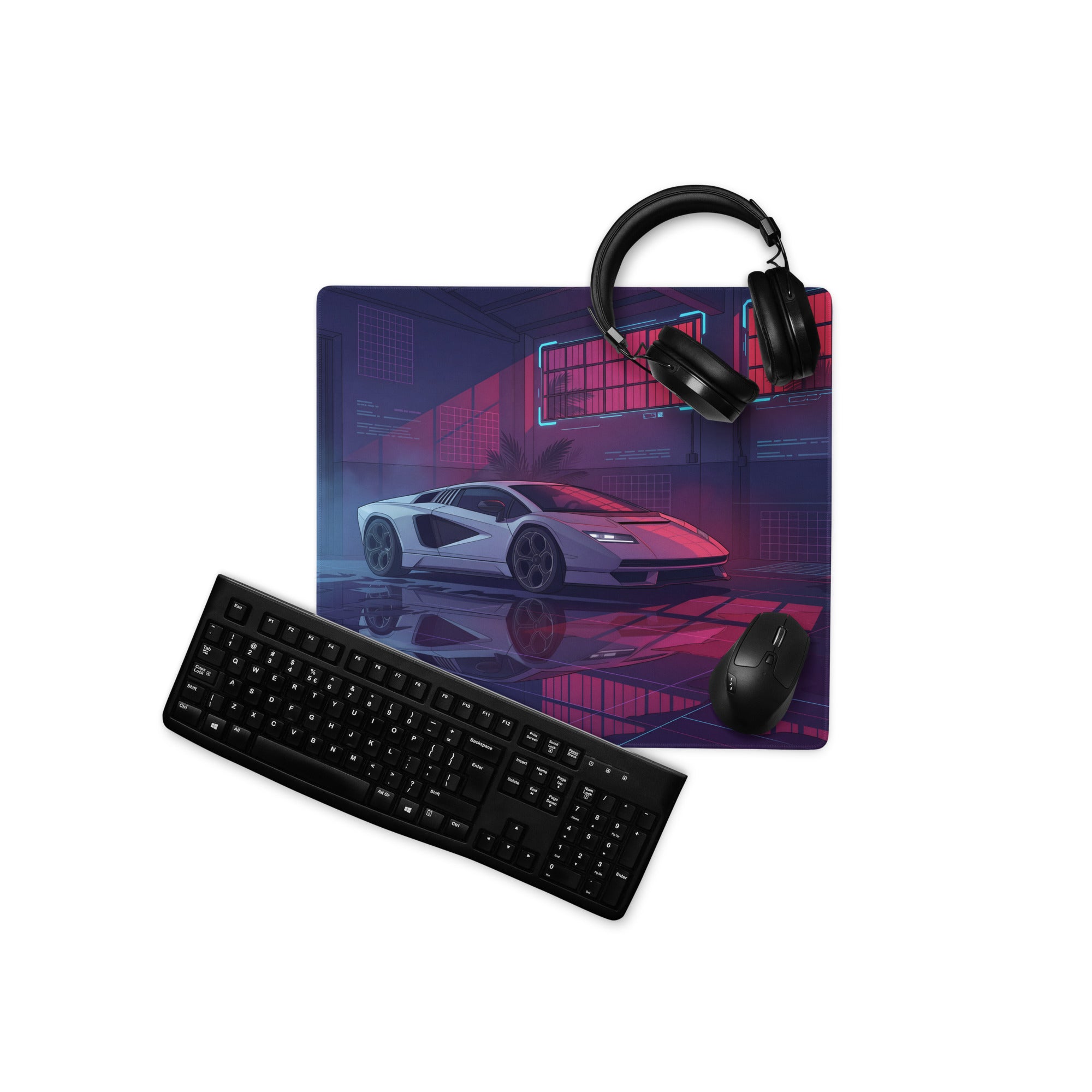 Lamborghini Countach Inspired White Pink Vaporwave Gaming Mouse Pad – Neon Cyber Garage Desk Mat, Retro Futuristic Supercar Digital Artwork