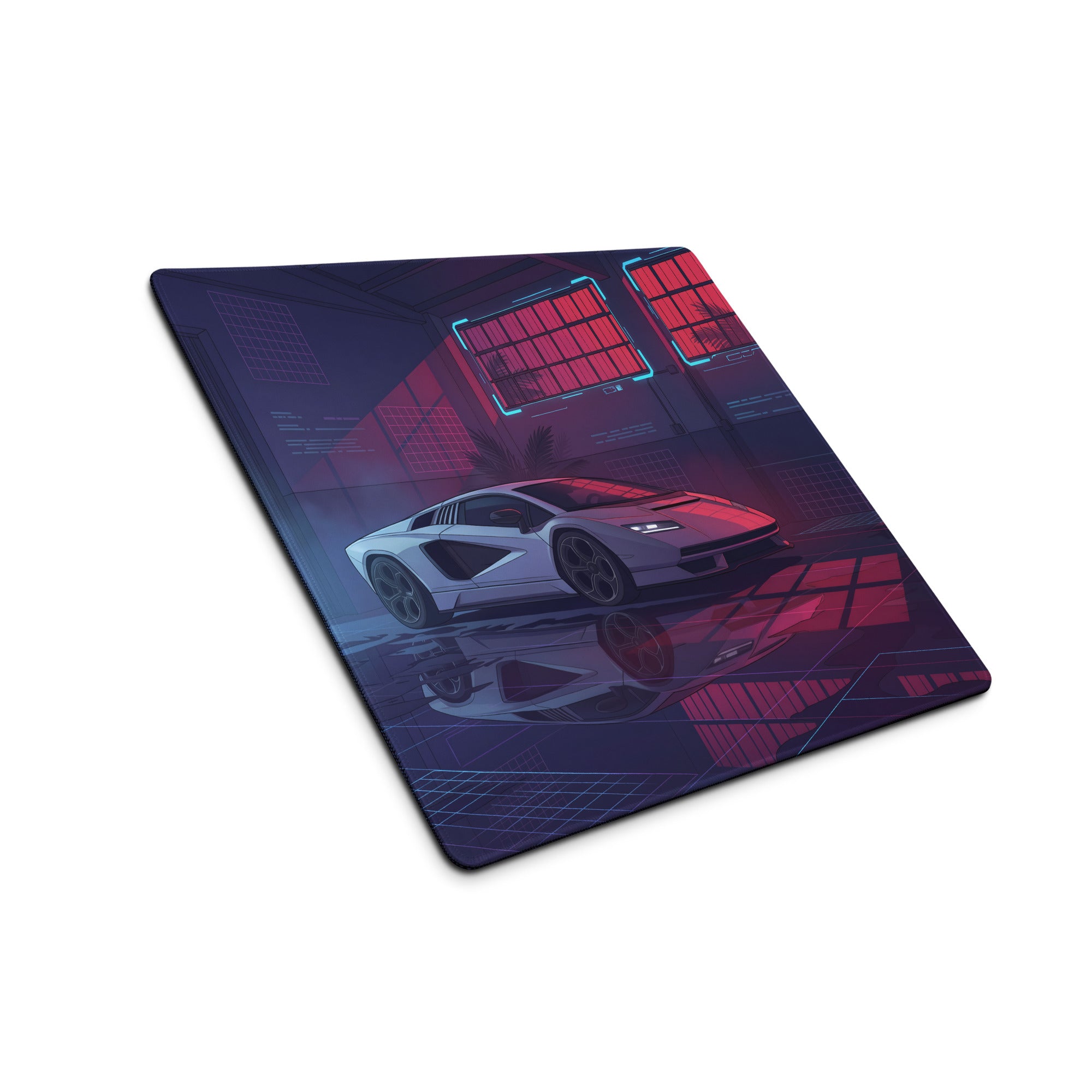 Lamborghini Countach Inspired White Pink Vaporwave Gaming Mouse Pad – Neon Cyber Garage Desk Mat, Retro Futuristic Supercar Digital Artwork