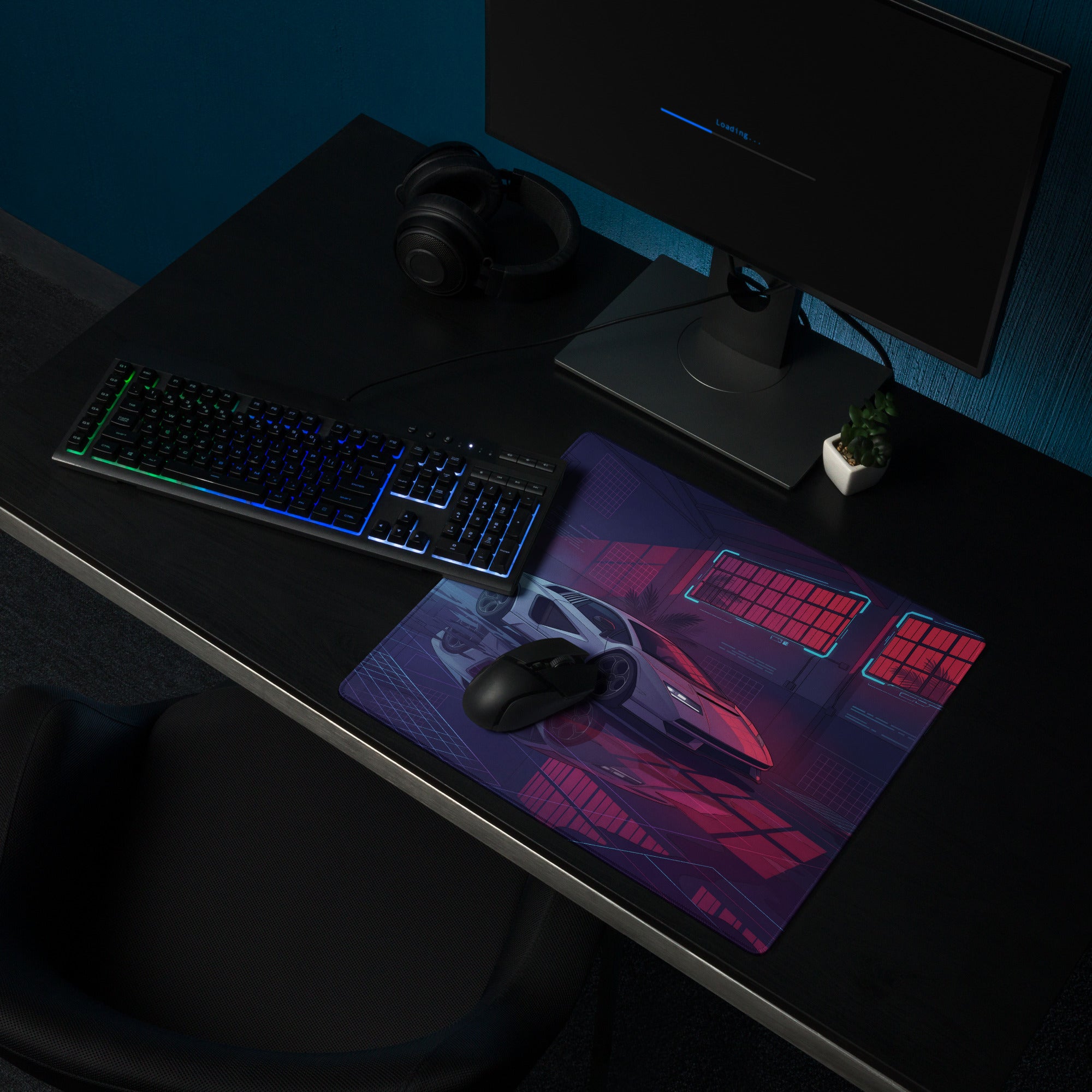 Lamborghini Countach Inspired White Pink Vaporwave Gaming Mouse Pad – Neon Cyber Garage Desk Mat, Retro Futuristic Supercar Digital Artwork