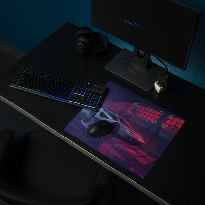 Lamborghini Countach Inspired White Pink Vaporwave Gaming Mouse Pad – Neon Cyber Garage Desk Mat, Retro Futuristic Supercar Digital Artwork