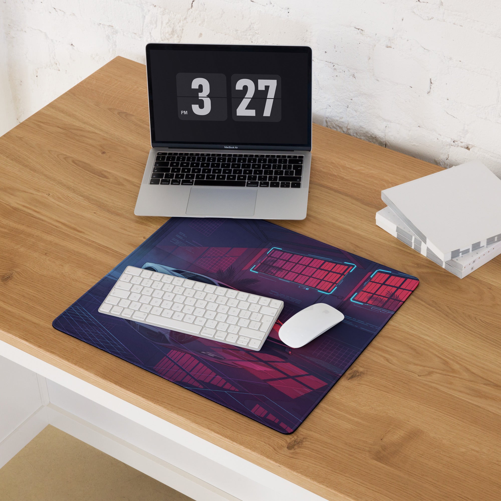 Lamborghini Countach Inspired White Pink Vaporwave Gaming Mouse Pad – Neon Cyber Garage Desk Mat, Retro Futuristic Supercar Digital Artwork