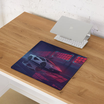 Lamborghini Countach Inspired White Pink Vaporwave Gaming Mouse Pad – Neon Cyber Garage Desk Mat, Retro Futuristic Supercar Digital Artwork