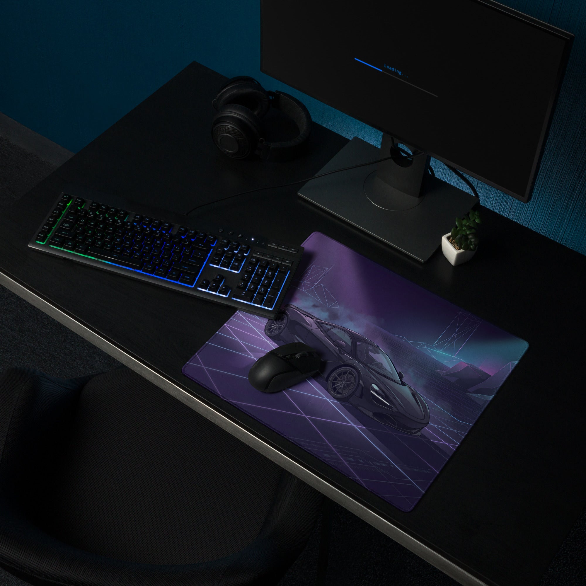 McLaren 720S Inspired Black Purple Vaporwave Gaming Mouse Pad – Neon Cyber Grid Desk Mat, Futuristic Geometric Supercar Digital Artwork