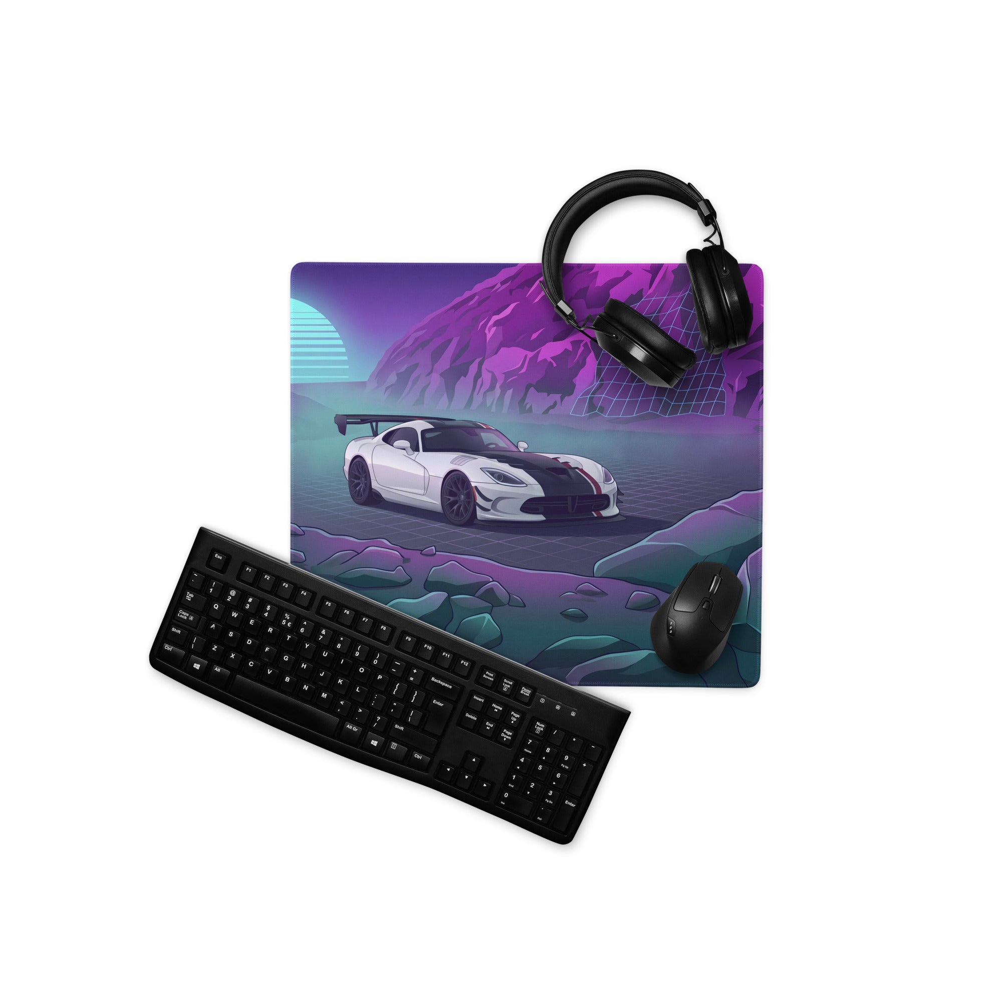 Dodge Viper ACR Inspired White Purple Vaporwave Gaming Mouse Pad – Neon Mountain Grid Desk Mat, Retro Futuristic Supercar Digital Artwork