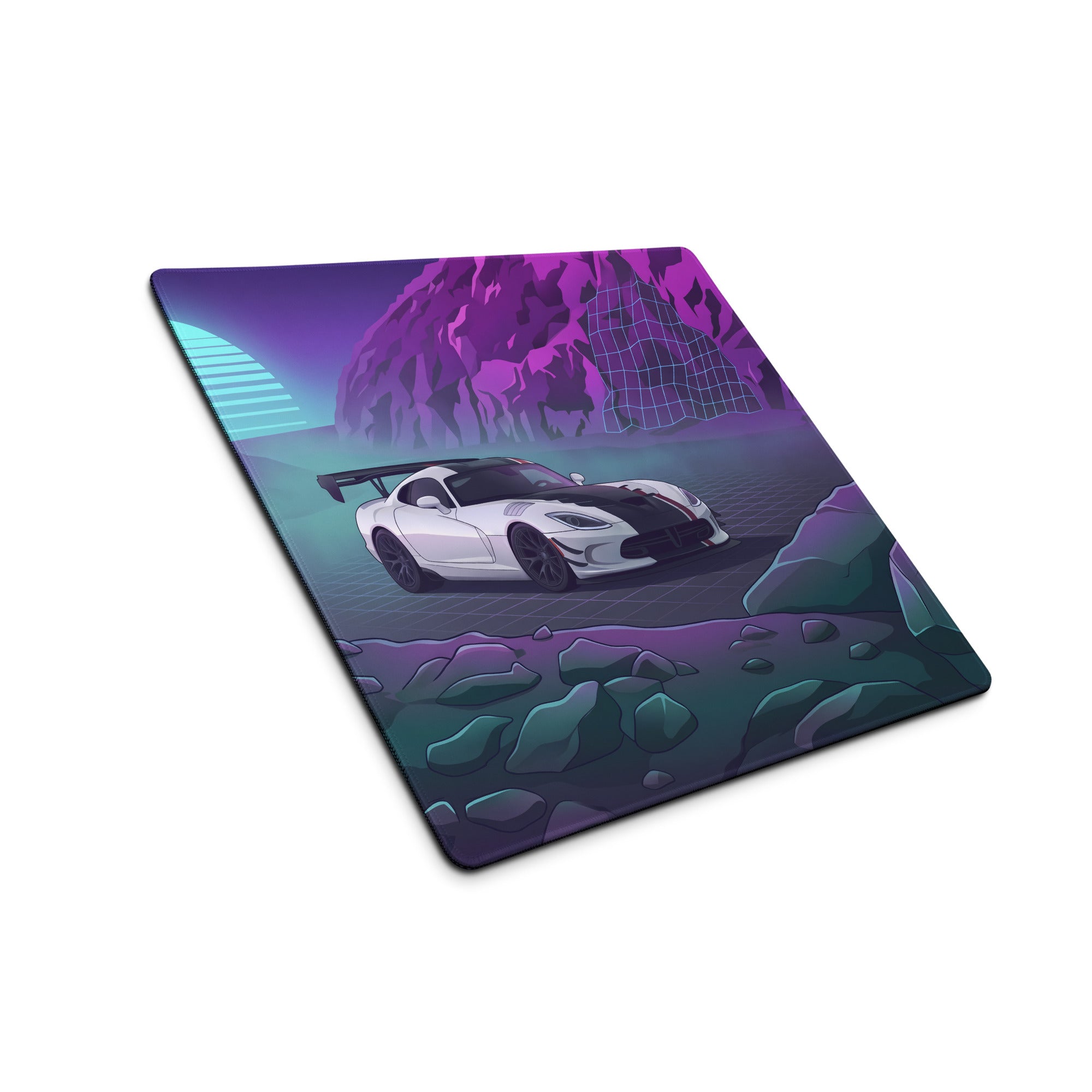 Dodge Viper ACR Inspired White Purple Vaporwave Gaming Mouse Pad – Neon Mountain Grid Desk Mat, Retro Futuristic Supercar Digital Artwork