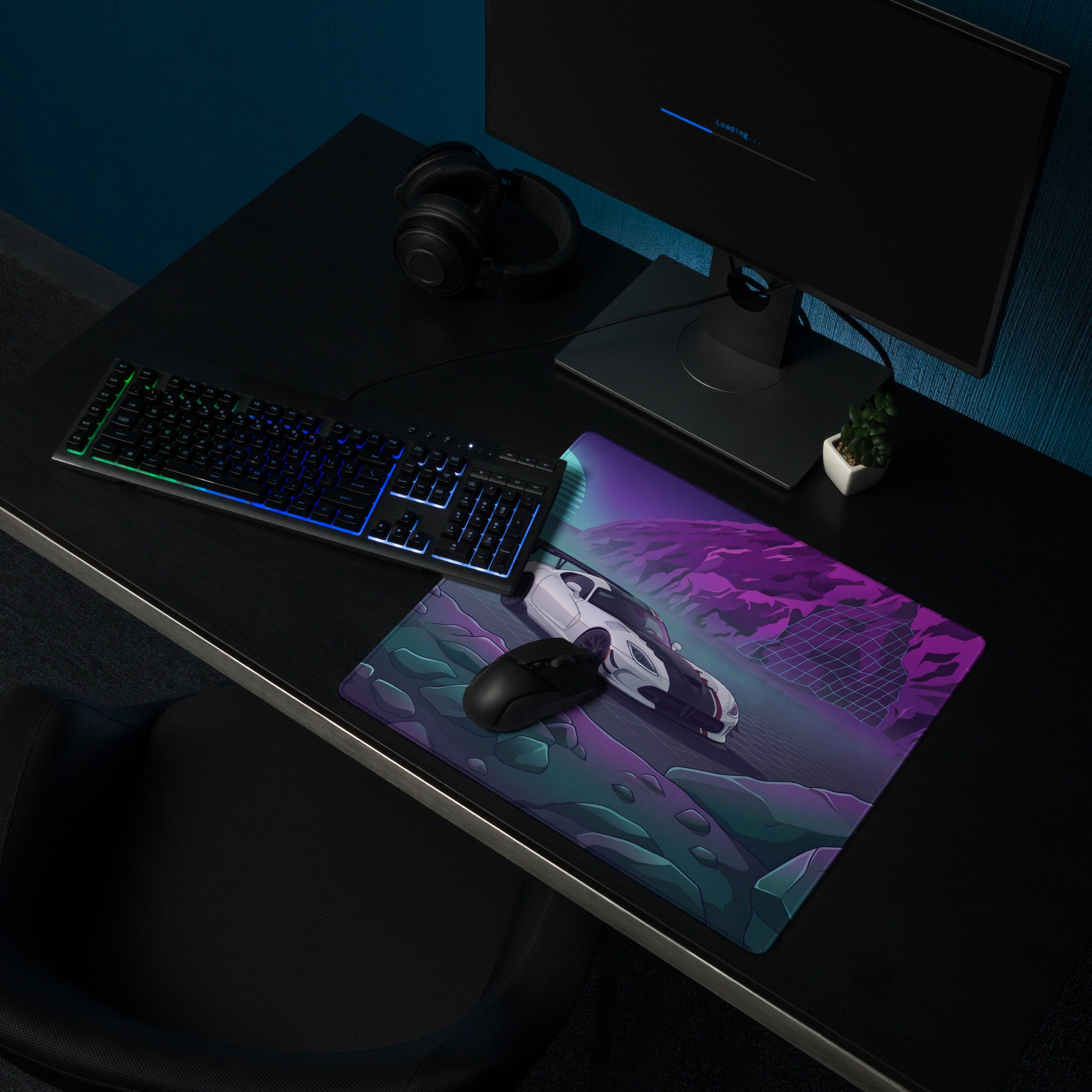 Dodge Viper ACR Inspired White Purple Vaporwave Gaming Mouse Pad – Neon Mountain Grid Desk Mat, Retro Futuristic Supercar Digital Artwork