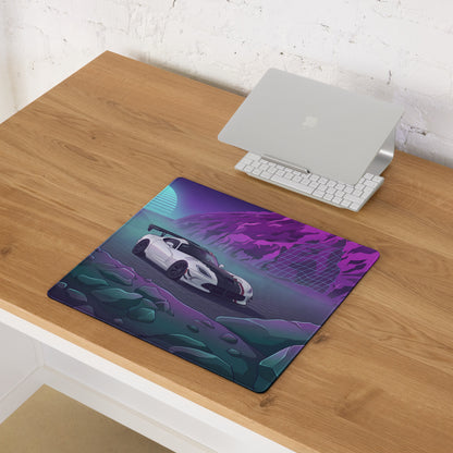 Dodge Viper ACR Inspired White Purple Vaporwave Gaming Mouse Pad – Neon Mountain Grid Desk Mat, Retro Futuristic Supercar Digital Artwork