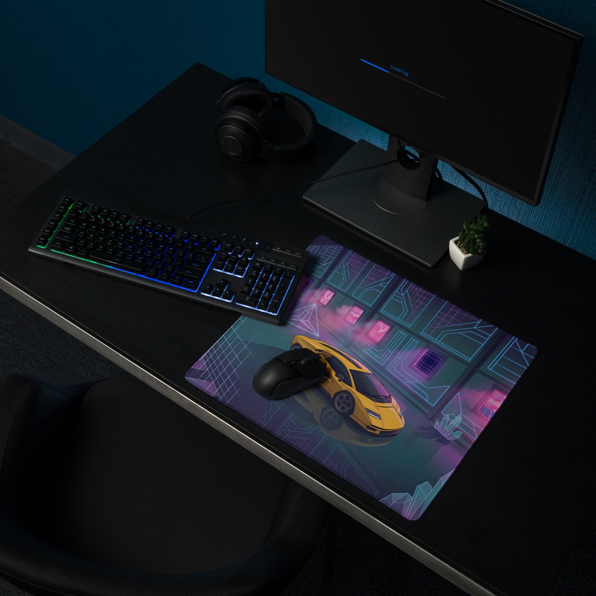 Lamborghini Countach LPI 800-4 Inspired Yellow Pink Vaporwave Gaming Mouse Pad – Neon Crystal Garage Desk Mat, Retro Futuristic Supercar Digital Artwork