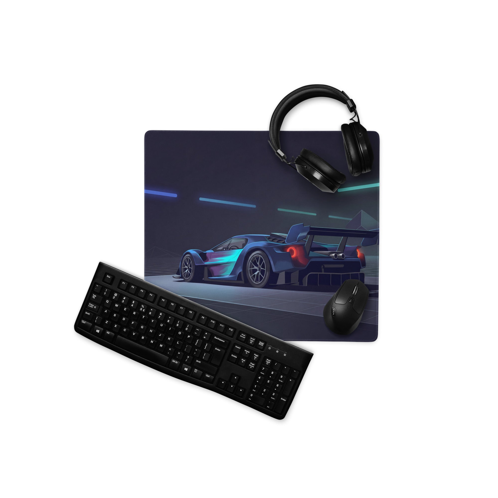 Ford GT MkIV Inspired Blue Cyan Vaporwave Gaming Mouse Pad – Neon Cyber Garage Desk Mat, Futuristic Hypercar Digital Artwork