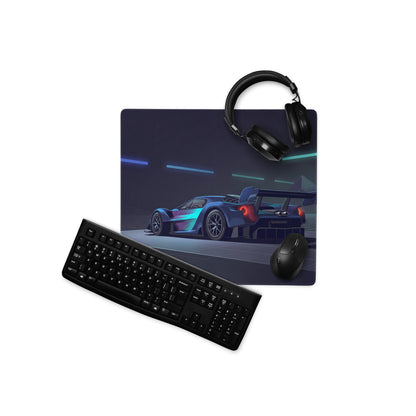 Ford GT MkIV Inspired Blue Cyan Vaporwave Gaming Mouse Pad – Neon Cyber Garage Desk Mat, Futuristic Hypercar Digital Artwork