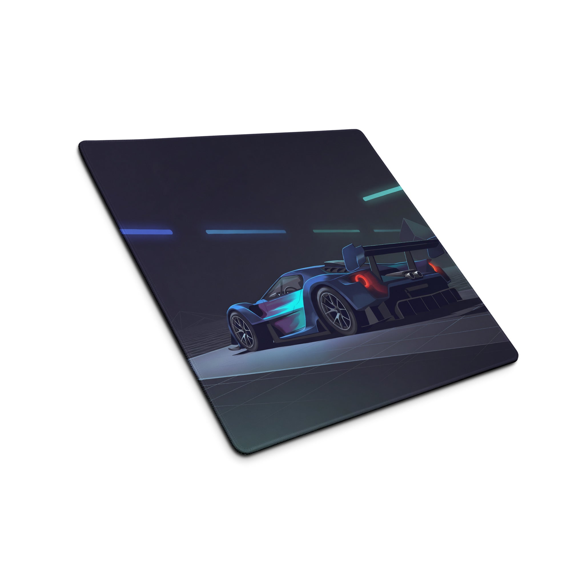 Ford GT MkIV Inspired Blue Cyan Vaporwave Gaming Mouse Pad – Neon Cyber Garage Desk Mat, Futuristic Hypercar Digital Artwork