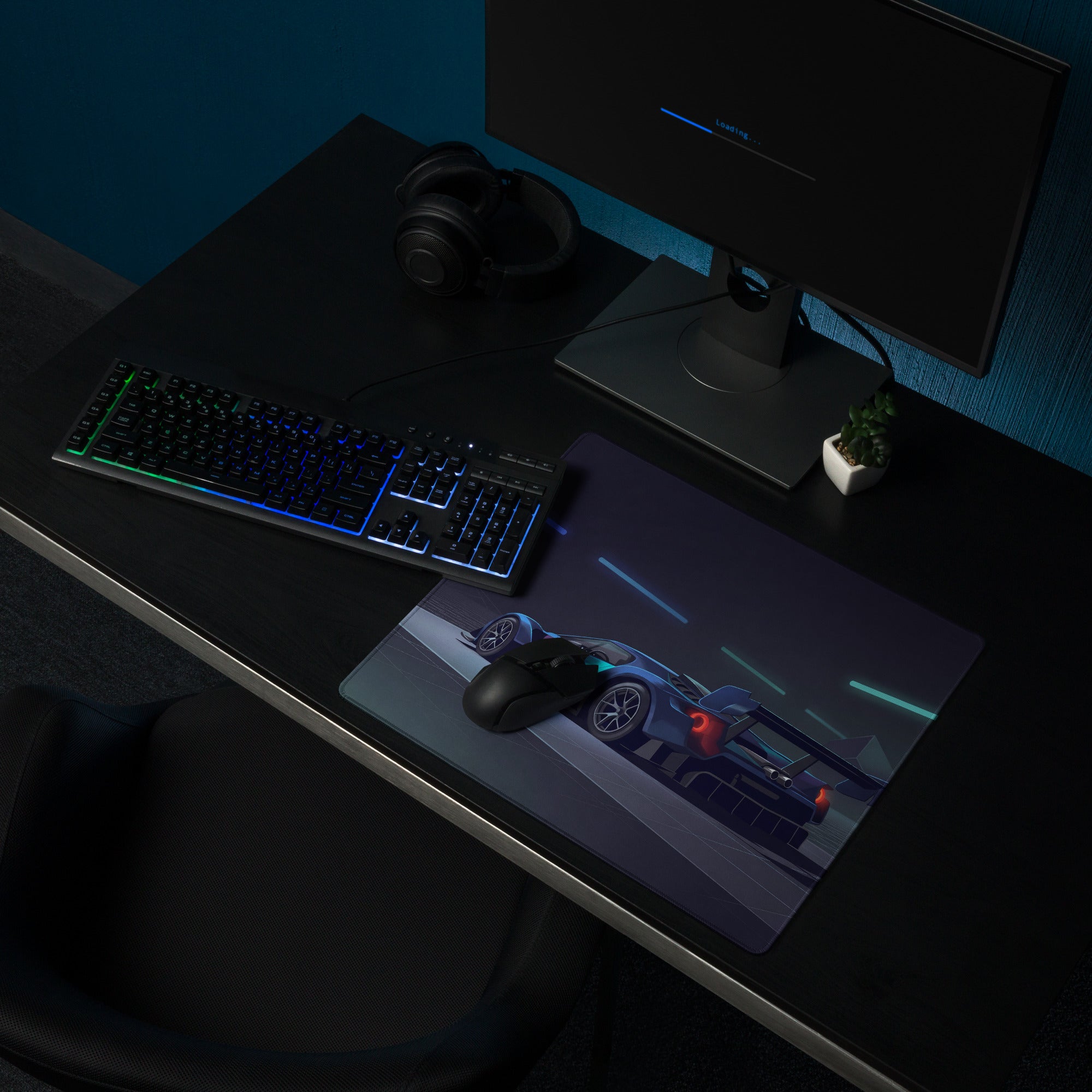 Ford GT MkIV Inspired Blue Cyan Vaporwave Gaming Mouse Pad – Neon Cyber Garage Desk Mat, Futuristic Hypercar Digital Artwork