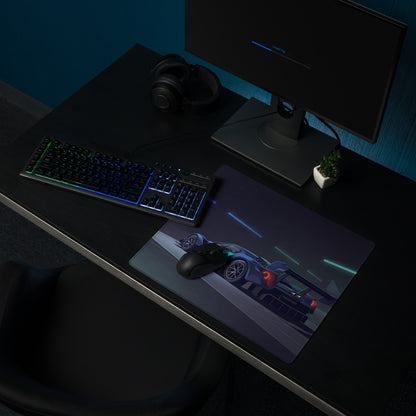 Ford GT MkIV Inspired Blue Cyan Vaporwave Gaming Mouse Pad – Neon Cyber Garage Desk Mat, Futuristic Hypercar Digital Artwork
